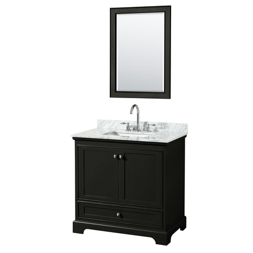 Wyndham Deborah 36 Inch Single Bathroom Vanity in Dark Espresso, White Carrara Marble Countertop, Undermount Square Sink, and 24 Inch Mirror- Wyndham