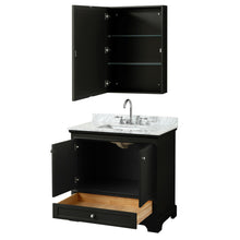 Load image into Gallery viewer, Wyndham Deborah 36 Inch Single Bathroom Vanity in Dark Espresso, White Carrara Marble Countertop, Undermount Square Sink, and Medicine Cabinet- Wyndham