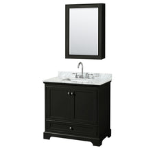 Load image into Gallery viewer, Wyndham Deborah 36 Inch Single Bathroom Vanity in Dark Espresso, White Carrara Marble Countertop, Undermount Square Sink, and Medicine Cabinet- Wyndham