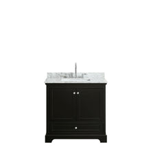 Load image into Gallery viewer, Wyndham Deborah 36 Inch Single Bathroom Vanity in Dark Espresso, White Carrara Marble Countertop, Undermount Square Sink, and No Mirror- Wyndham