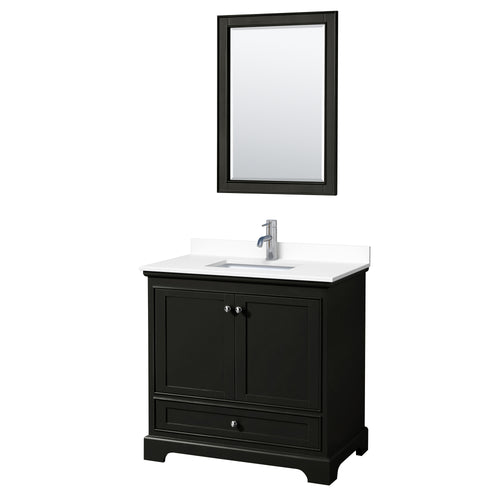 Wyndham Deborah 36 Inch Single Bathroom Vanity in Dark Espresso, White Cultured Marble Countertop, Undermount Square Sink, 24 Inch Mirror- Wyndham