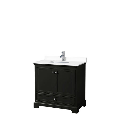 Wyndham Deborah 36 Inch Single Bathroom Vanity in Dark Espresso, White Cultured Marble Countertop, Undermount Square Sink, No Mirror- Wyndham