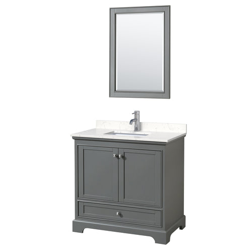 Wyndham Deborah 36 Inch Single Bathroom Vanity in Dark Gray, Light-Vein Carrara Cultured Marble Countertop, Undermount Square Sink, 24 Inch Mirror- Wyndham
