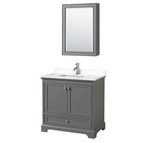 Wyndham Deborah 36 Inch Single Bathroom Vanity in Dark Gray, Light-Vein Carrara Cultured Marble Countertop, Undermount Square Sink, Medicine Cabinet- Wyndham