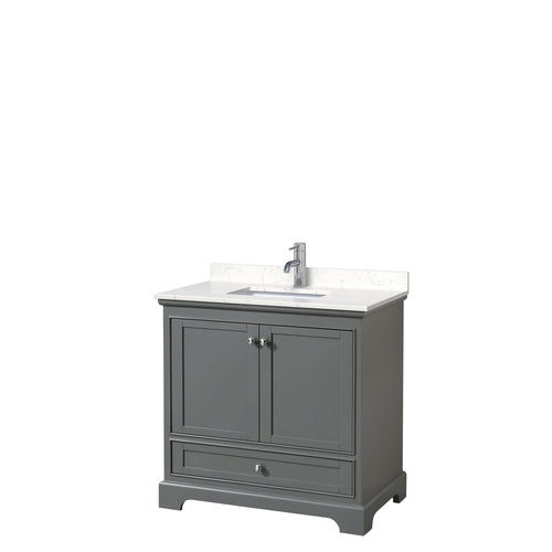 Wyndham Deborah 36 Inch Single Bathroom Vanity in Dark Gray, Light-Vein Carrara Cultured Marble Countertop, Undermount Square Sink, No Mirror- Wyndham