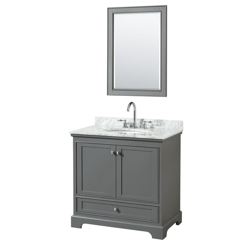 Wyndham Deborah 36 Inch Single Bathroom Vanity in Dark Gray, White Carrara Marble Countertop, Undermount Oval Sink, and 24 Inch Mirror- Wyndham