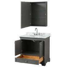 Load image into Gallery viewer, Wyndham Deborah 36 Inch Single Bathroom Vanity in Dark Gray, White Carrara Marble Countertop, Undermount Oval Sink, and Medicine Cabinet- Wyndham