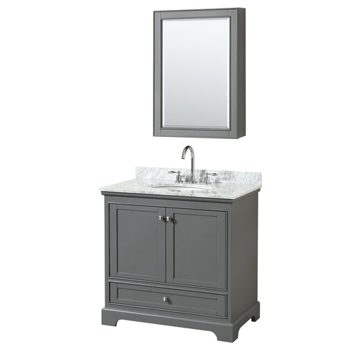 Wyndham Deborah 36 Inch Single Bathroom Vanity in Dark Gray, White Carrara Marble Countertop, Undermount Oval Sink, and Medicine Cabinet- Wyndham