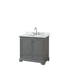 Load image into Gallery viewer, Wyndham Deborah 36 Inch Single Bathroom Vanity in Dark Gray, White Carrara Marble Countertop, Undermount Oval Sink, and No Mirror- Wyndham