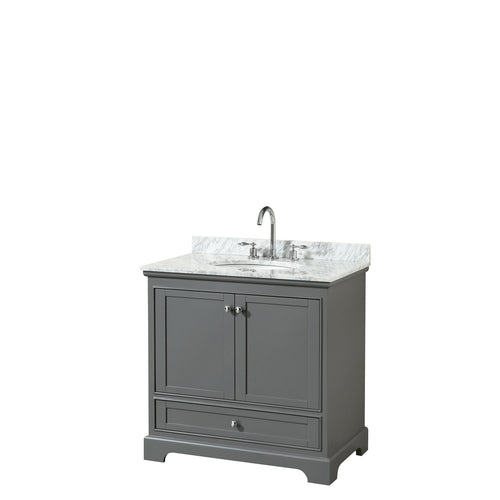 Wyndham Deborah 36 Inch Single Bathroom Vanity in Dark Gray, White Carrara Marble Countertop, Undermount Oval Sink, and No Mirror- Wyndham