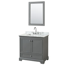 Load image into Gallery viewer, Wyndham Deborah 36 Inch Single Bathroom Vanity in Dark Gray, White Carrara Marble Countertop, Undermount Square Sink, and 24 Inch Mirror- Wyndham