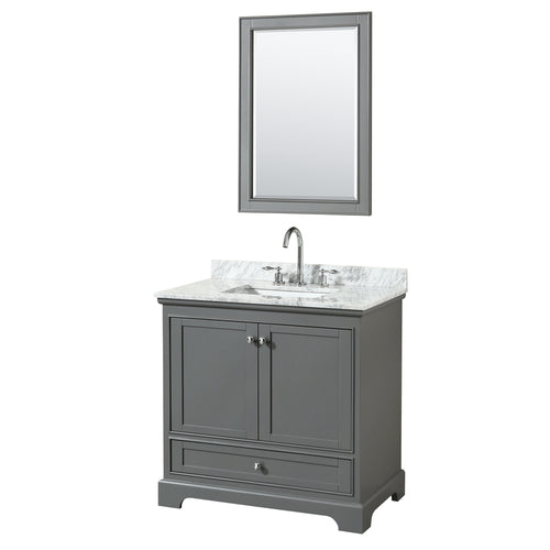 Wyndham Deborah 36 Inch Single Bathroom Vanity in Dark Gray, White Carrara Marble Countertop, Undermount Square Sink, and 24 Inch Mirror- Wyndham