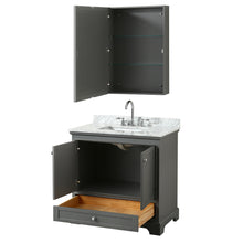 Load image into Gallery viewer, Wyndham Deborah 36 Inch Single Bathroom Vanity in Dark Gray, White Carrara Marble Countertop, Undermount Square Sink, and Medicine Cabinet- Wyndham