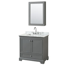 Load image into Gallery viewer, Wyndham Deborah 36 Inch Single Bathroom Vanity in Dark Gray, White Carrara Marble Countertop, Undermount Square Sink, and Medicine Cabinet- Wyndham