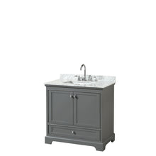 Load image into Gallery viewer, Wyndham Deborah 36 Inch Single Bathroom Vanity in Dark Gray, White Carrara Marble Countertop, Undermount Square Sink, and No Mirror- Wyndham