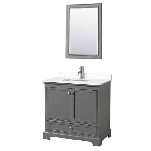 Wyndham Deborah 36 Inch Single Bathroom Vanity in Dark Gray, White Cultured Marble Countertop, Undermount Square Sink, 24 Inch Mirror- Wyndham