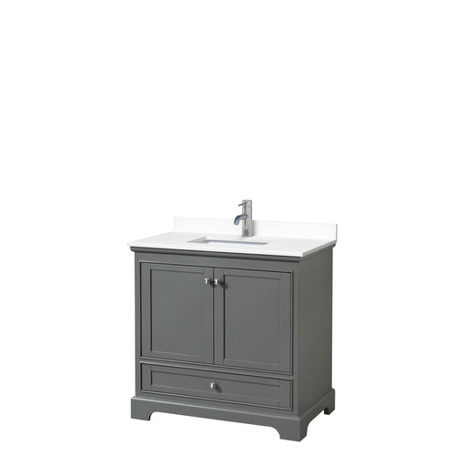 Wyndham Deborah 36 Inch Single Bathroom Vanity in Dark Gray, White Cultured Marble Countertop, Undermount Square Sink, No Mirror- Wyndham