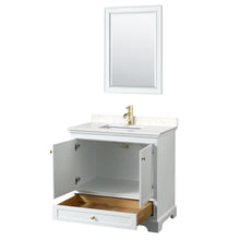 Load image into Gallery viewer, Wyndham Deborah 36 Inch Single Bathroom Vanity in White, Carrara Cultured Marble Countertop, Undermount Square Sink, Brushed Gold Trim, 24 Inch Mirror- Wyndham