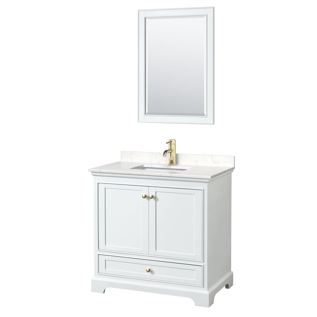 Wyndham Deborah 36 Inch Single Bathroom Vanity in White, Carrara Cultured Marble Countertop, Undermount Square Sink, Brushed Gold Trim, 24 Inch Mirror- Wyndham