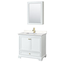Load image into Gallery viewer, Wyndham Deborah 36 Inch Single Bathroom Vanity in White, Carrara Cultured Marble Countertop, Undermount Square Sink, Brushed Gold Trim, Medicine Cabinet- Wyndham