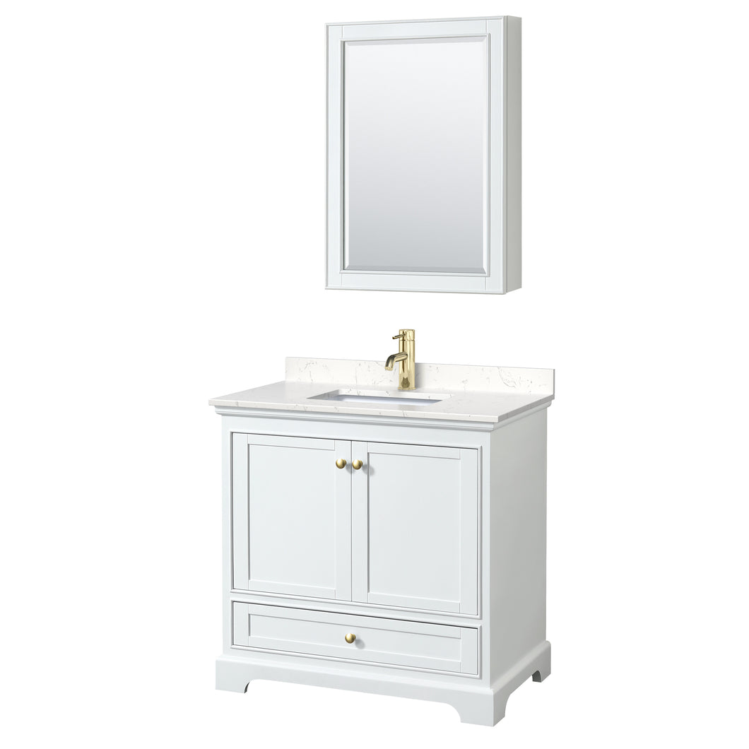 Wyndham Deborah 36 Inch Single Bathroom Vanity in White, Carrara Cultured Marble Countertop, Undermount Square Sink, Brushed Gold Trim, Medicine Cabinet- Wyndham