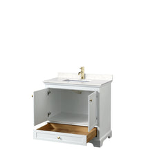Load image into Gallery viewer, Wyndham Deborah 36 Inch Single Bathroom Vanity in White, Carrara Cultured Marble Countertop, Undermount Square Sink, Brushed Gold Trim, No Mirror- Wyndham