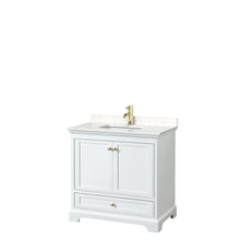 Load image into Gallery viewer, Wyndham Deborah 36 Inch Single Bathroom Vanity in White, Carrara Cultured Marble Countertop, Undermount Square Sink, Brushed Gold Trim, No Mirror- Wyndham