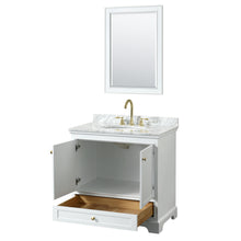 Load image into Gallery viewer, Wyndham Deborah 36 Inch Single Bathroom Vanity in White, White Carrara Marble Countertop, Undermount Oval Sink, Brushed Gold Trim, 24 Inch Mirror- Wyndham