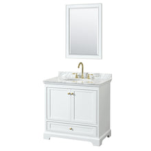 Load image into Gallery viewer, Wyndham Deborah 36 Inch Single Bathroom Vanity in White, White Carrara Marble Countertop, Undermount Oval Sink, Brushed Gold Trim, 24 Inch Mirror- Wyndham