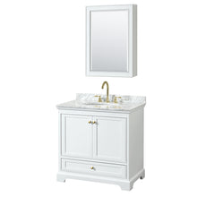 Load image into Gallery viewer, Wyndham Deborah 36 Inch Single Bathroom Vanity in White, White Carrara Marble Countertop, Undermount Oval Sink, Brushed Gold Trim, Medicine Cabinet- Wyndham