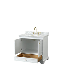 Load image into Gallery viewer, Wyndham Deborah 36 Inch Single Bathroom Vanity in White, White Carrara Marble Countertop, Undermount Oval Sink, Brushed Gold Trim, No Mirror- Wyndham