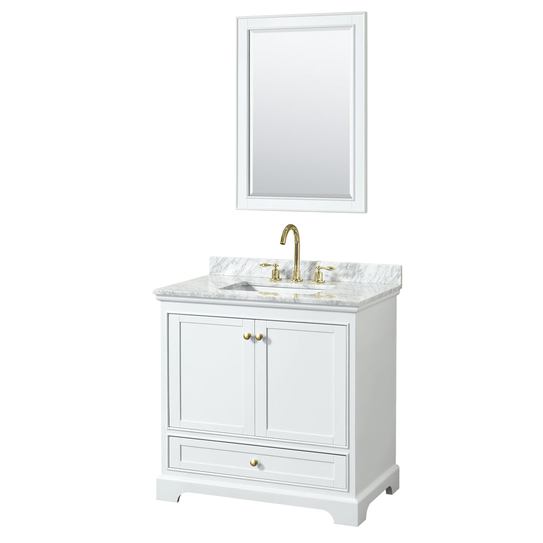 Wyndham Deborah 36 Inch Single Bathroom Vanity in White, White Carrara Marble Countertop, Undermount Square Sink, Brushed Gold Trim, 24 Inch Mirror- Wyndham
