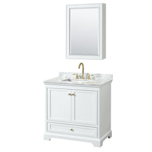 Load image into Gallery viewer, Wyndham Deborah 36 Inch Single Bathroom Vanity in White, White Carrara Marble Countertop, Undermount Square Sink, Brushed Gold Trim, Medicine Cabinet- Wyndham