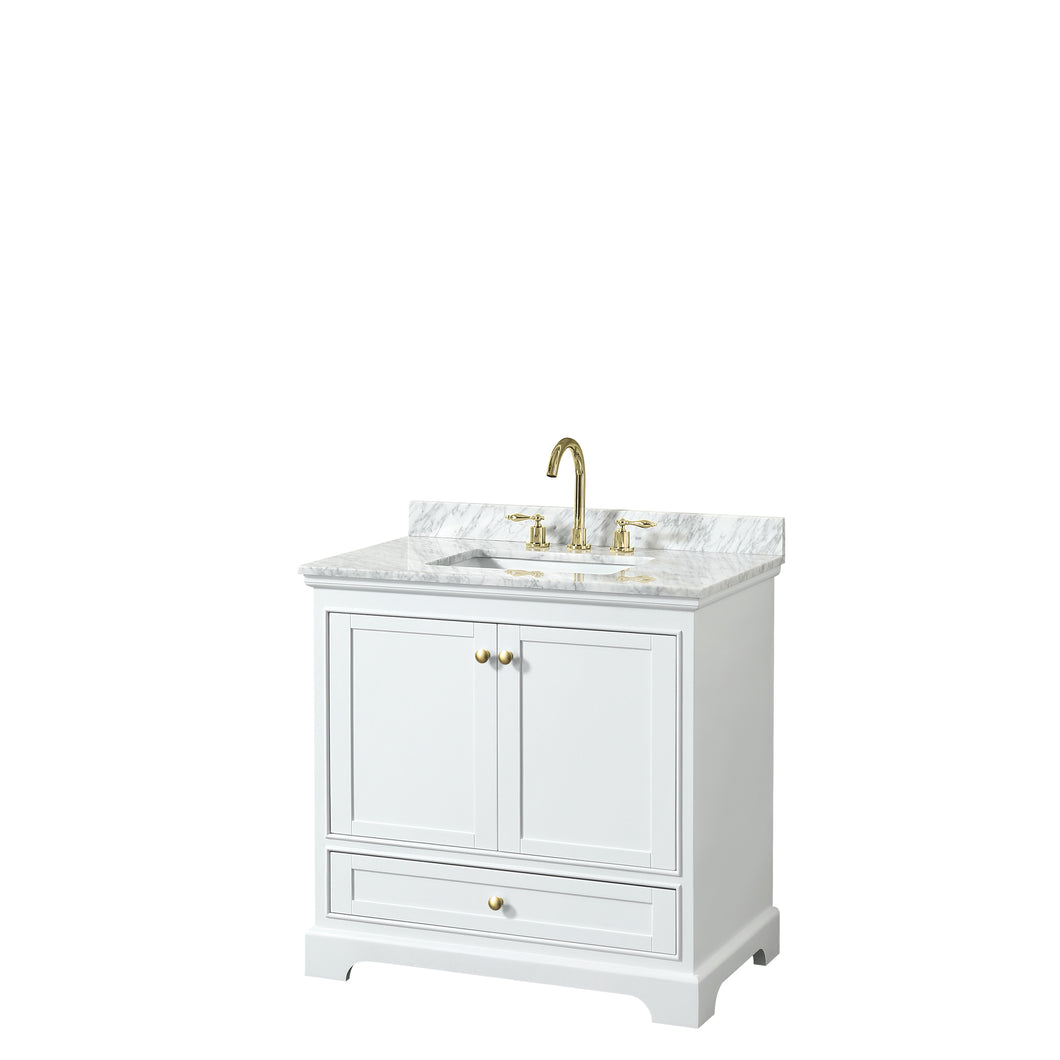 Wyndham Deborah 36 Inch Single Bathroom Vanity in White, White Carrara Marble Countertop, Undermount Square Sink, Brushed Gold Trim, No Mirror- Wyndham