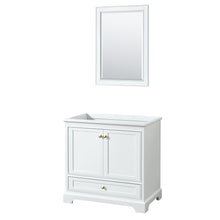 Load image into Gallery viewer, Wyndham Deborah 36 Inch Single Bathroom Vanity in White, No Countertop, No Sink, Brushed Gold Trim, 24 Inch Mirror- Wyndham