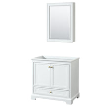 Load image into Gallery viewer, Wyndham Deborah 36 Inch Single Bathroom Vanity in White, No Countertop, No Sink, Brushed Gold Trim, Medicine Cabinet- Wyndham