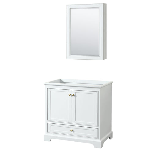Wyndham Deborah 36 Inch Single Bathroom Vanity in White, No Countertop, No Sink, Brushed Gold Trim, Medicine Cabinet- Wyndham