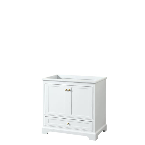 Wyndham Deborah 36 Inch Single Bathroom Vanity in White, No Countertop, No Sink, Brushed Gold Trim, No Mirror- Wyndham