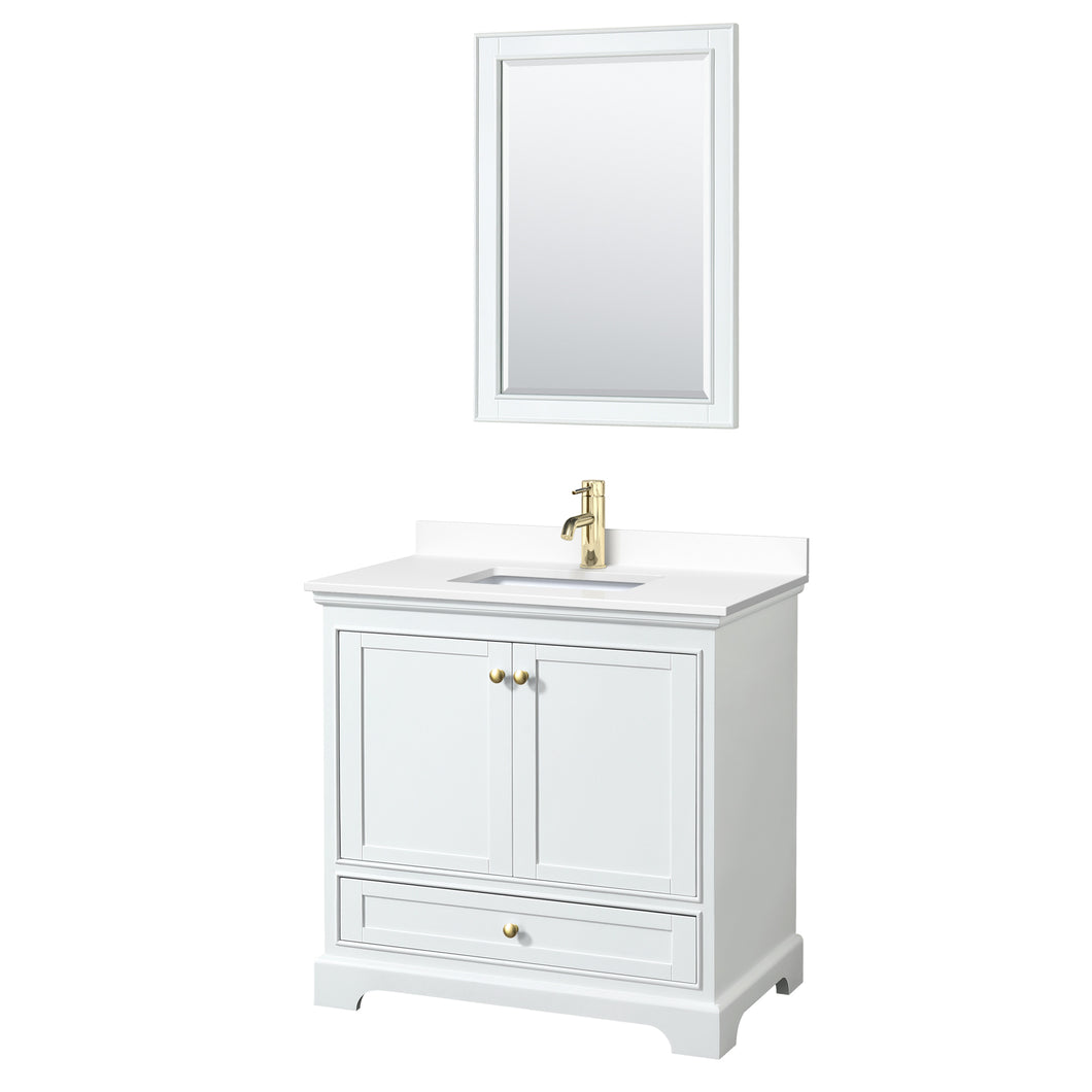 Wyndham Deborah 36 Inch Single Bathroom Vanity in White, White Cultured Marble Countertop, Undermount Square Sink, Brushed Gold Trim, 24 Inch Mirror- Wyndham
