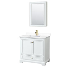 Load image into Gallery viewer, Wyndham Deborah 36 Inch Single Bathroom Vanity in White, White Cultured Marble Countertop, Undermount Square Sink, Brushed Gold Trim, Medicine Cabinet- Wyndham