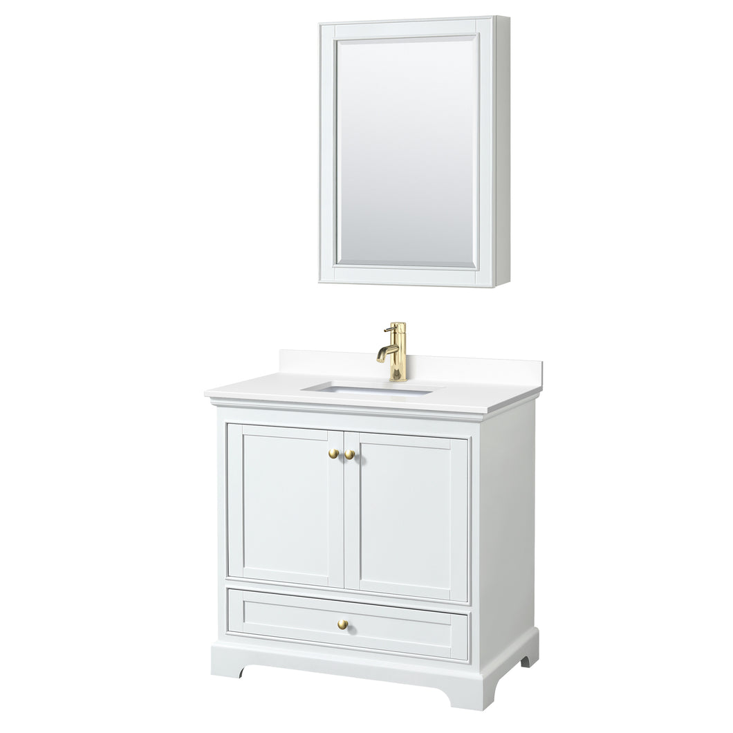 Wyndham Deborah 36 Inch Single Bathroom Vanity in White, White Cultured Marble Countertop, Undermount Square Sink, Brushed Gold Trim, Medicine Cabinet- Wyndham