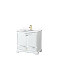 Load image into Gallery viewer, Wyndham Deborah 36 Inch Single Bathroom Vanity in White, White Cultured Marble Countertop, Undermount Square Sink, Brushed Gold Trim, No Mirror- Wyndham