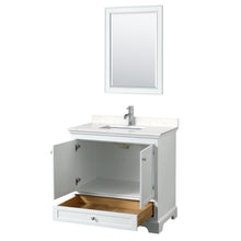Load image into Gallery viewer, Wyndham Deborah 36 Inch Single Bathroom Vanity in White, Light-Vein Carrara Cultured Marble Countertop, Undermount Square Sink, 24 Inch Mirror- Wyndham