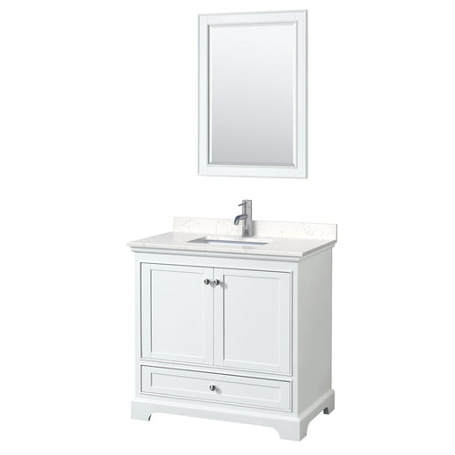 Wyndham Deborah 36 Inch Single Bathroom Vanity in White, Light-Vein Carrara Cultured Marble Countertop, Undermount Square Sink, 24 Inch Mirror- Wyndham