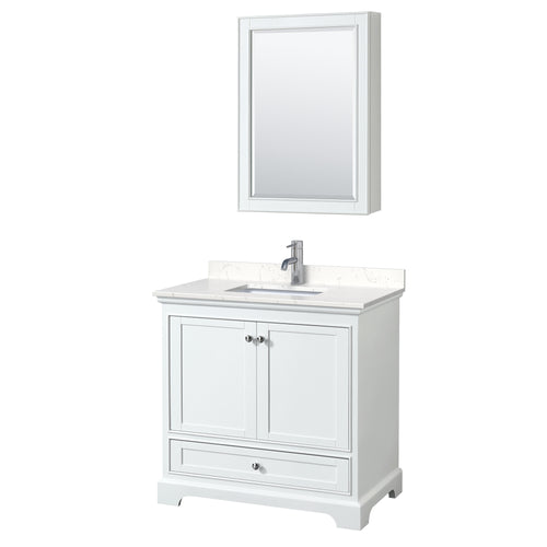 Wyndham Deborah 36 Inch Single Bathroom Vanity in White, Light-Vein Carrara Cultured Marble Countertop, Undermount Square Sink, Medicine Cabinet- Wyndham