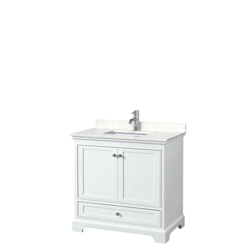 Wyndham Deborah 36 Inch Single Bathroom Vanity in White, Light-Vein Carrara Cultured Marble Countertop, Undermount Square Sink, No Mirror- Wyndham