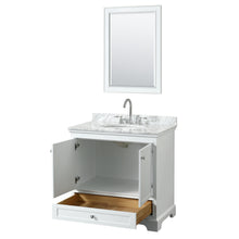 Load image into Gallery viewer, Wyndham Deborah 36 Inch Single Bathroom Vanity in White, White Carrara Marble Countertop, Undermount Oval Sink, and 24 Inch Mirror- Wyndham