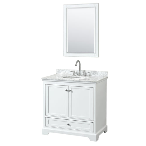 Wyndham Deborah 36 Inch Single Bathroom Vanity in White, White Carrara Marble Countertop, Undermount Oval Sink, and 24 Inch Mirror- Wyndham