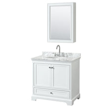 Load image into Gallery viewer, Wyndham Deborah 36 Inch Single Bathroom Vanity in White, White Carrara Marble Countertop, Undermount Oval Sink, and Medicine Cabinet- Wyndham