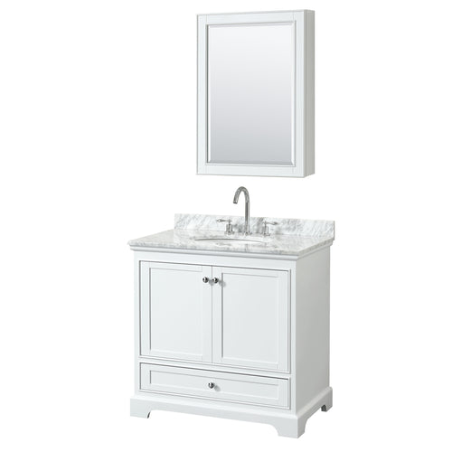 Wyndham Deborah 36 Inch Single Bathroom Vanity in White, White Carrara Marble Countertop, Undermount Oval Sink, and Medicine Cabinet- Wyndham